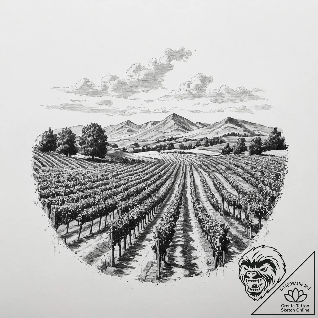 A vineyard in napa valley during the autumn h... - tattoo sketch (№1755715377_0, 20.08.2025 18:42) — tattoovalue.net