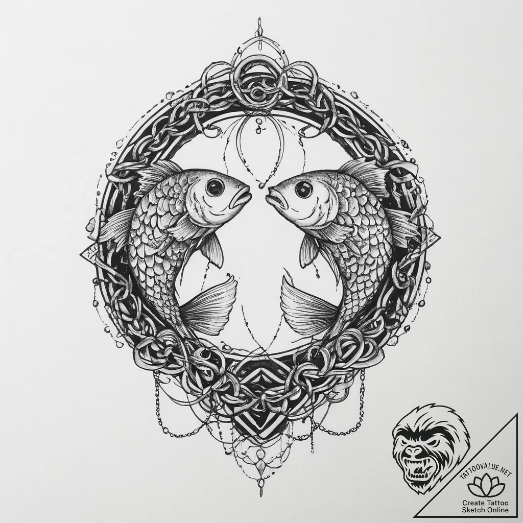 Tattoo design pisces fish, intertwined with c... - tattoo sketch (№1755715581_0, 20.08.2025 18:46) — tattoovalue.net