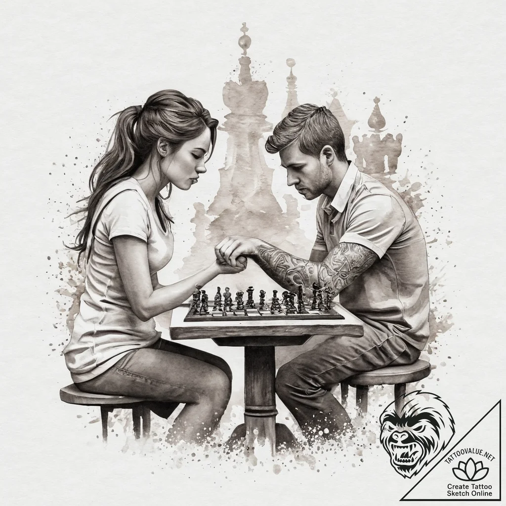 A person playing chess in a park, deeply conc... - tattoo sketch (№1755718474_0, 20.08.2025 19:34) — tattoovalue.net