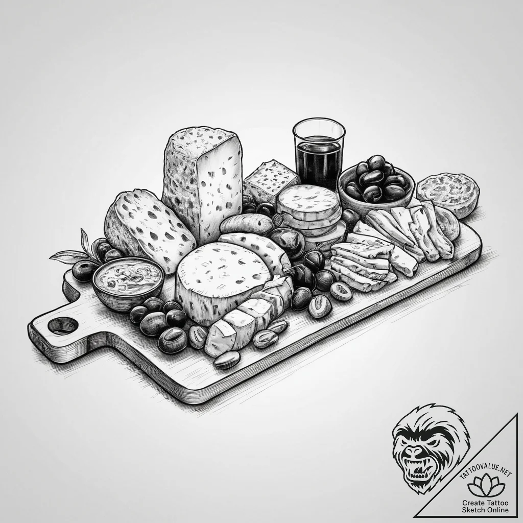 A charcuterie board with a variety of cheeses... - tattoo sketch (№1755718680_0, 20.08.2025 19:38) — tattoovalue.net