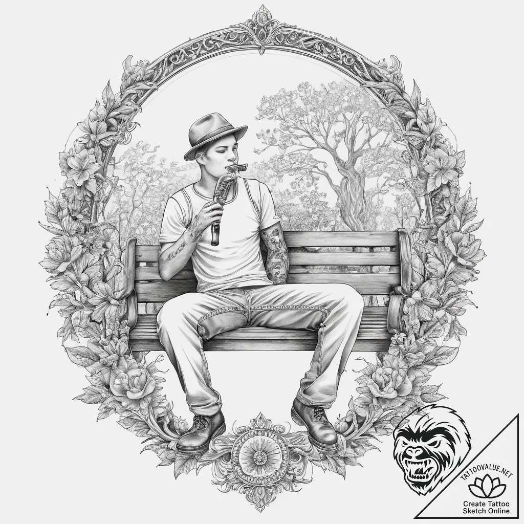 A person playing a harmonica on a porch swing... - tattoo sketch (№1755725073_0, 20.08.2025 21:24) — tattoovalue.net