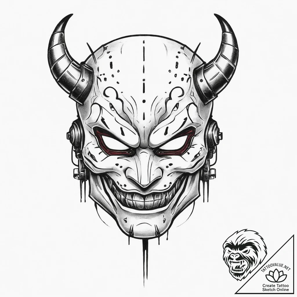 Cyberpunk oni mask, tattoo flash sheet design... - tattoo sketch (№1755727752_0, 20.08.2025 22:09) — tattoovalue.net