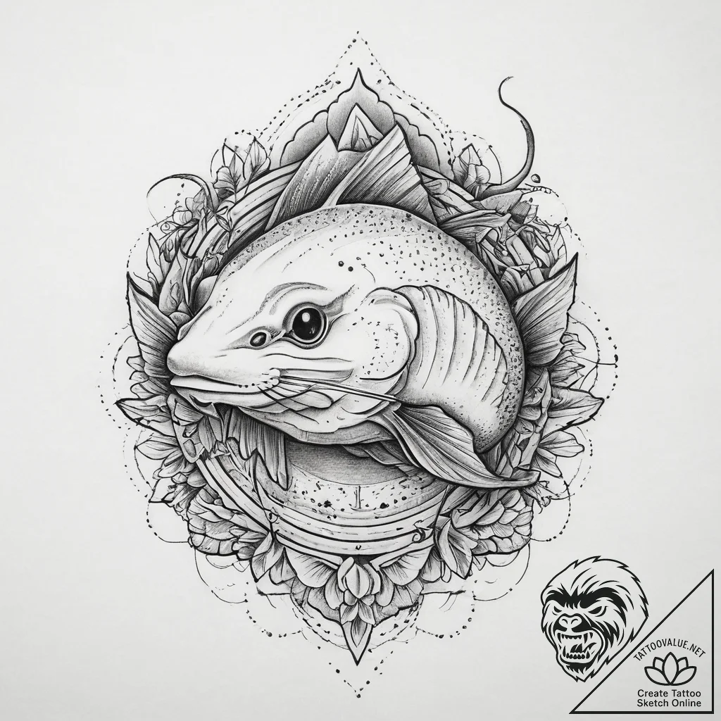 Catfish, tattoo drawing outline, on a clean w... - tattoo sketch (№1755728584_0, 20.08.2025 22:23) — tattoovalue.net