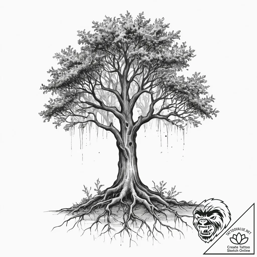 Tattoo design a single, strong oak tree with... - tattoo sketch (№1755728790_0, 20.08.2025 22:26) — tattoovalue.net