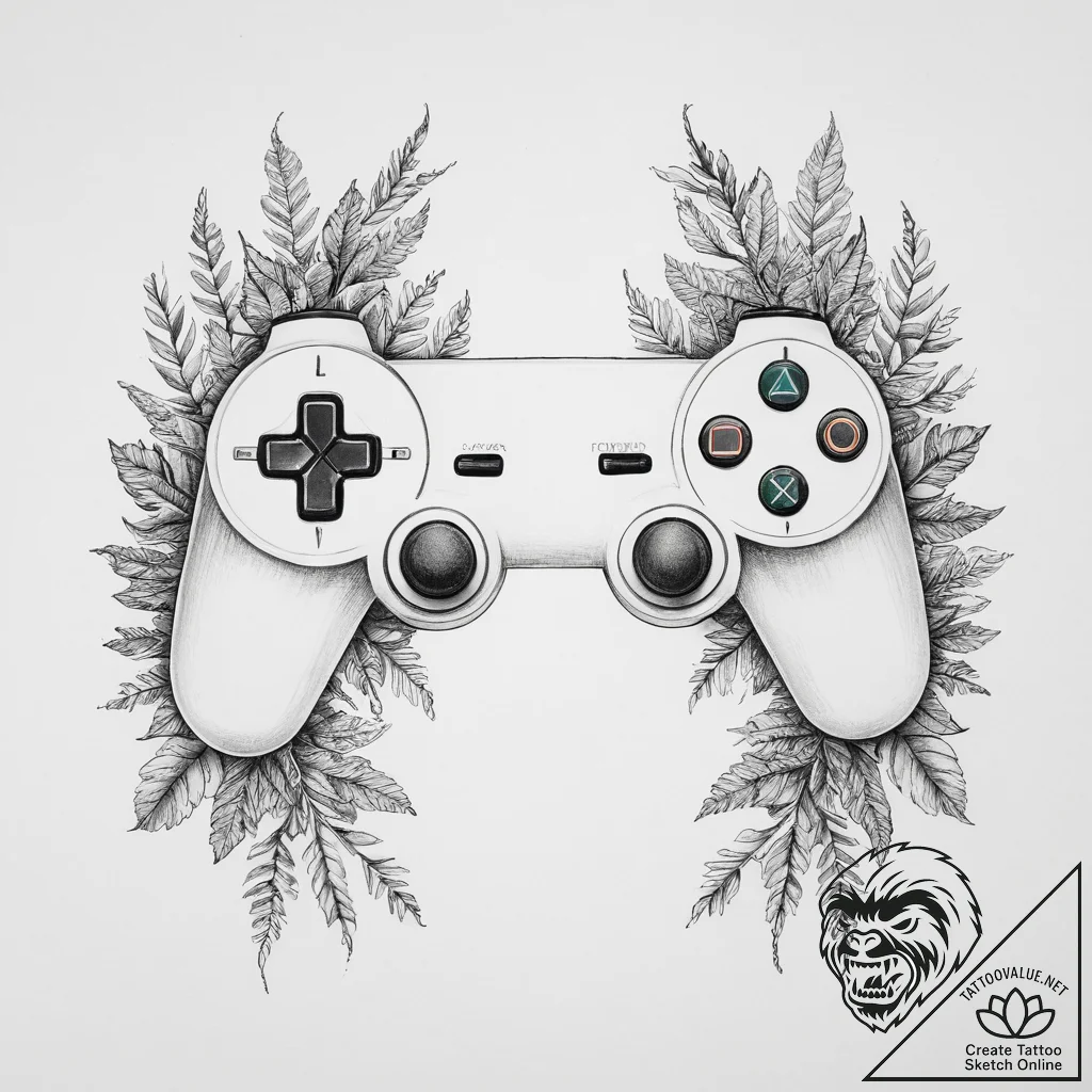 Tattoo design a game controller with nature e... - tattoo sketch (№1755730675_0, 20.08.2025 22:57) — tattoovalue.net