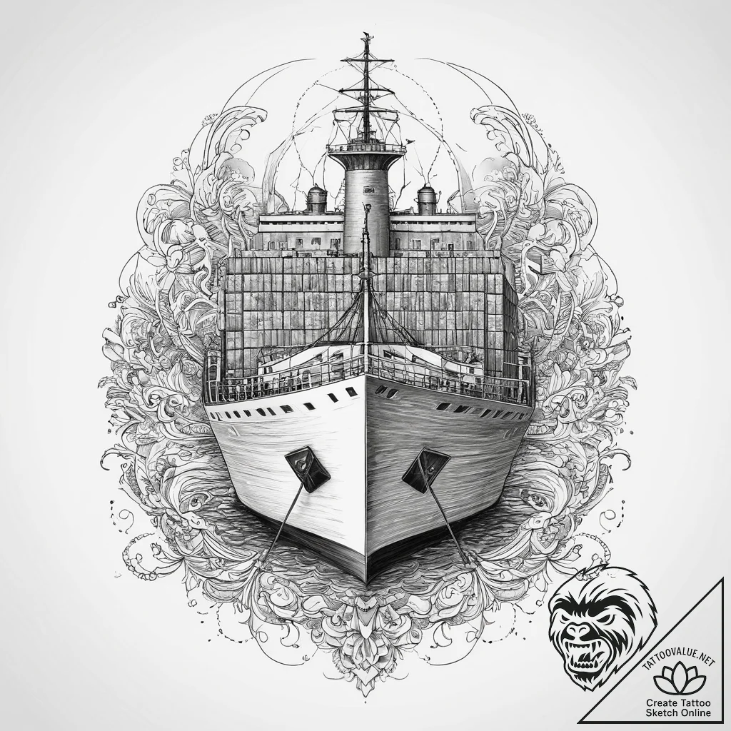 A massive container ship navigating through a... - tattoo sketch (№1755730886_0, 20.08.2025 23:01) — tattoovalue.net