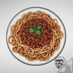 A messy, half-eaten plate of spaghetti bologn… – tattoo sketch (№1755731712_0, 20.08.2025 23:15) — tattoovalue.net