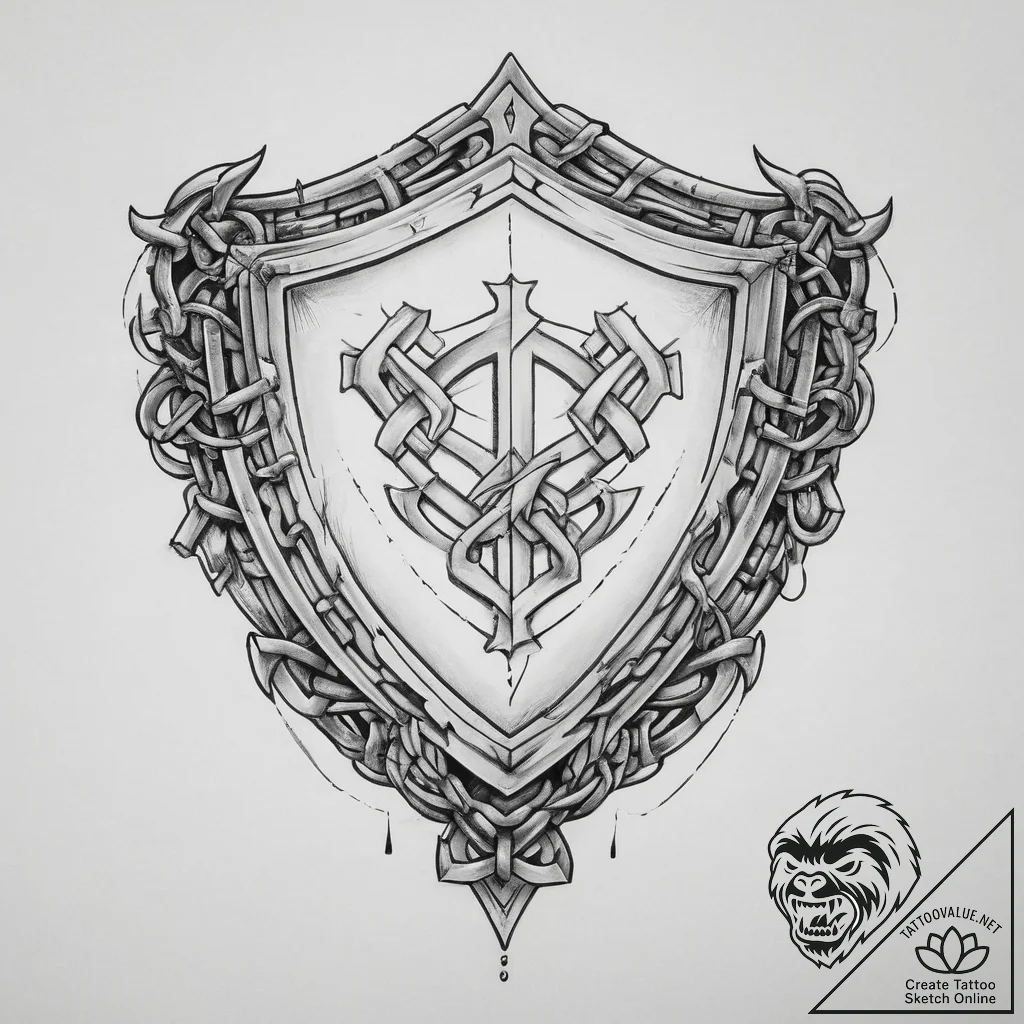 Tattoo design a shield with a stylized symbol... - tattoo sketch (№1755732337_0, 20.08.2025 23:25) — tattoovalue.net