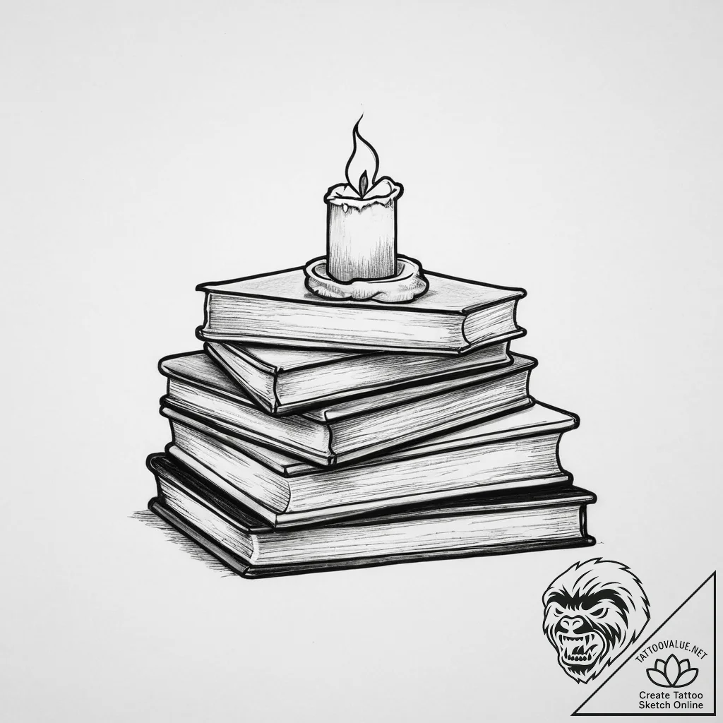 A stack of old books with a lit candle on top... - tattoo sketch (№1755739017_0, 21.08.2025 01:16) — tattoovalue.net