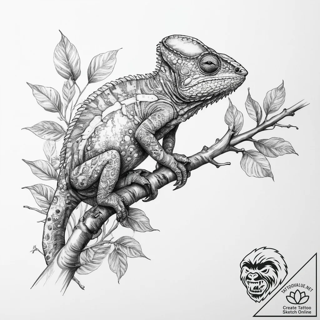 A chameleon perfectly camouflaged on a leafy... - tattoo sketch (№1755740604_0, 21.08.2025 01:43) — tattoovalue.net