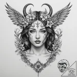 Naked woman that has devil horns holding a ha… – realism b/w, black & white – tattoo sketch (№1755742963_0, 21.08.2025 02:22) — tattoovalue.net