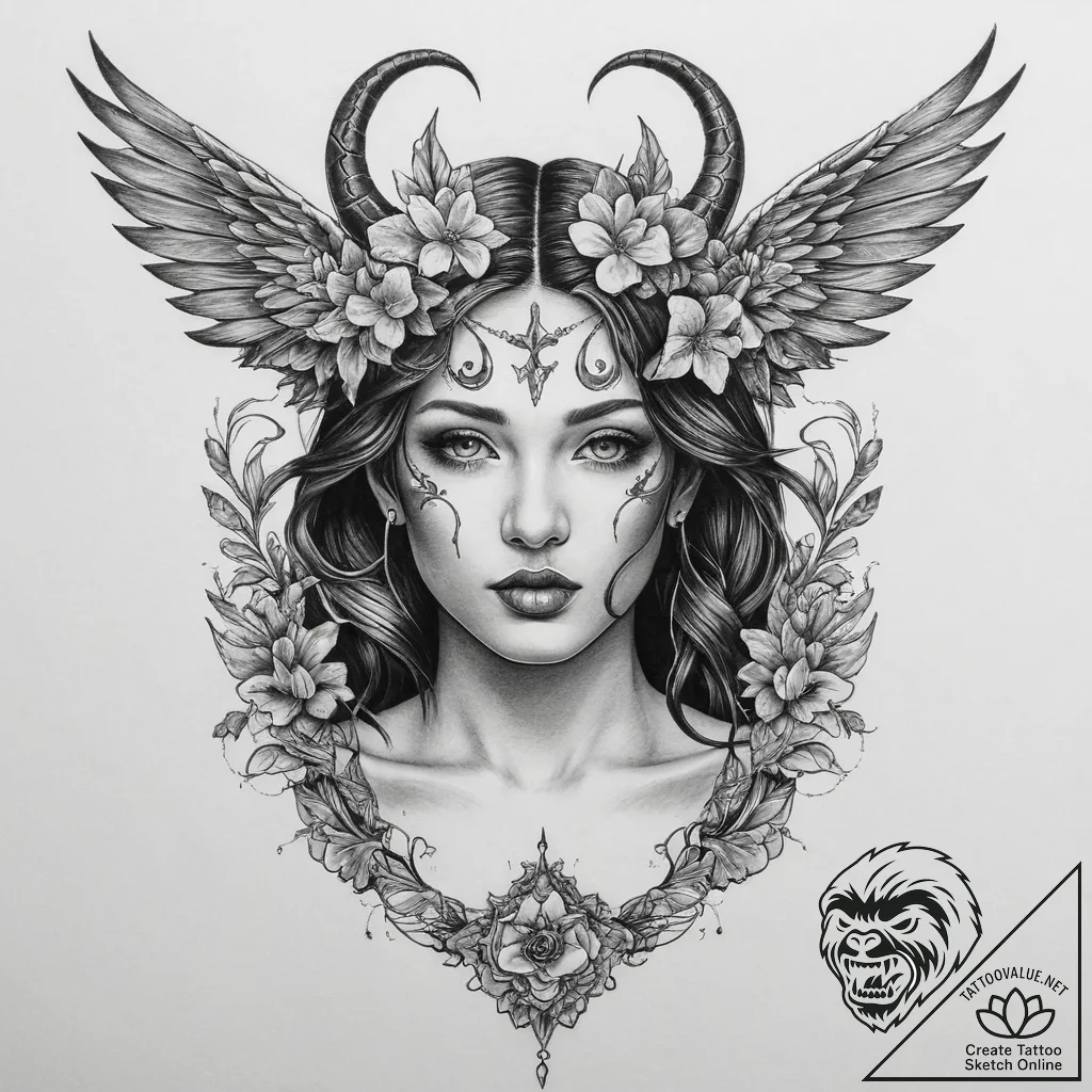 Naked woman that has devil horns holding a ha... - realism b/w, black & white - tattoo sketch (№1755742963_0, 21.08.2025 02:22) — tattoovalue.net