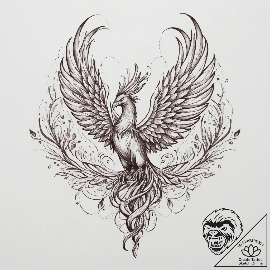 Tattoo sketch a phoenix rising in powerful, f... - tattoo sketch (№1755745587_0, 21.08.2025 03:06) — tattoovalue.net