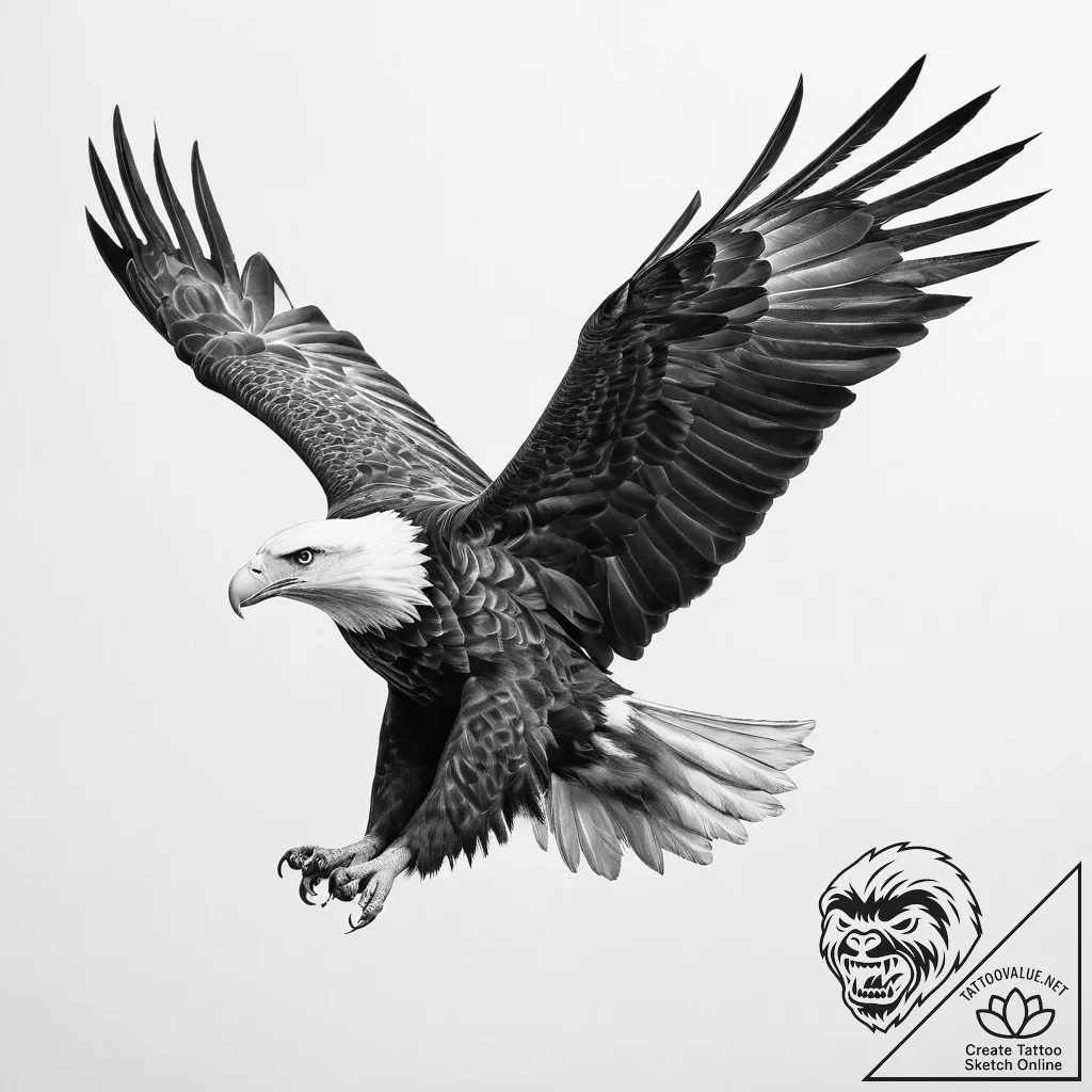 Tattoo design a majestic bald eagle in flight... - tattoo sketch (№1755746188_0, 21.08.2025 03:16) — tattoovalue.net