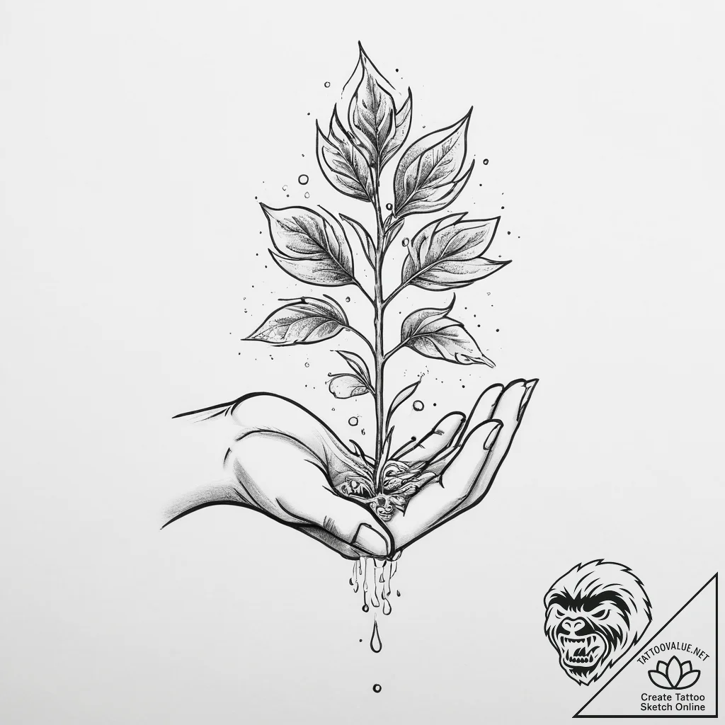 Tattoo sketch a small sapling being watered b... - tattoo sketch (№1755747384_0, 21.08.2025 03:36) — tattoovalue.net