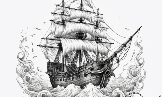 Pirate ship fighting a kraken, ink illustrati... - tattoo sketch (№1755748785_0, 21.08.2025 03:59) — tattoovalue.net