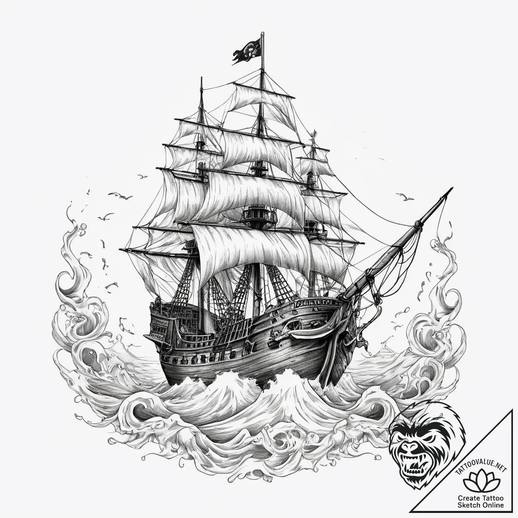 Pirate ship fighting a kraken, ink illustrati... - tattoo sketch (№1755748785_0, 21.08.2025 03:59) — tattoovalue.net