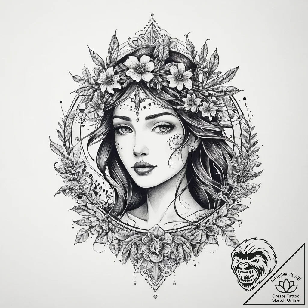 Tattoo design a virgo maiden as an ancient wi... - tattoo sketch (№1755782120_0, 21.08.2025 13:15) — tattoovalue.net