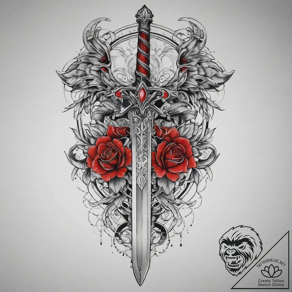 Sword, tattoo line art, black and red ink, re... - tattoo sketch (№1755782317_0, 21.08.2025 13:18) — tattoovalue.net