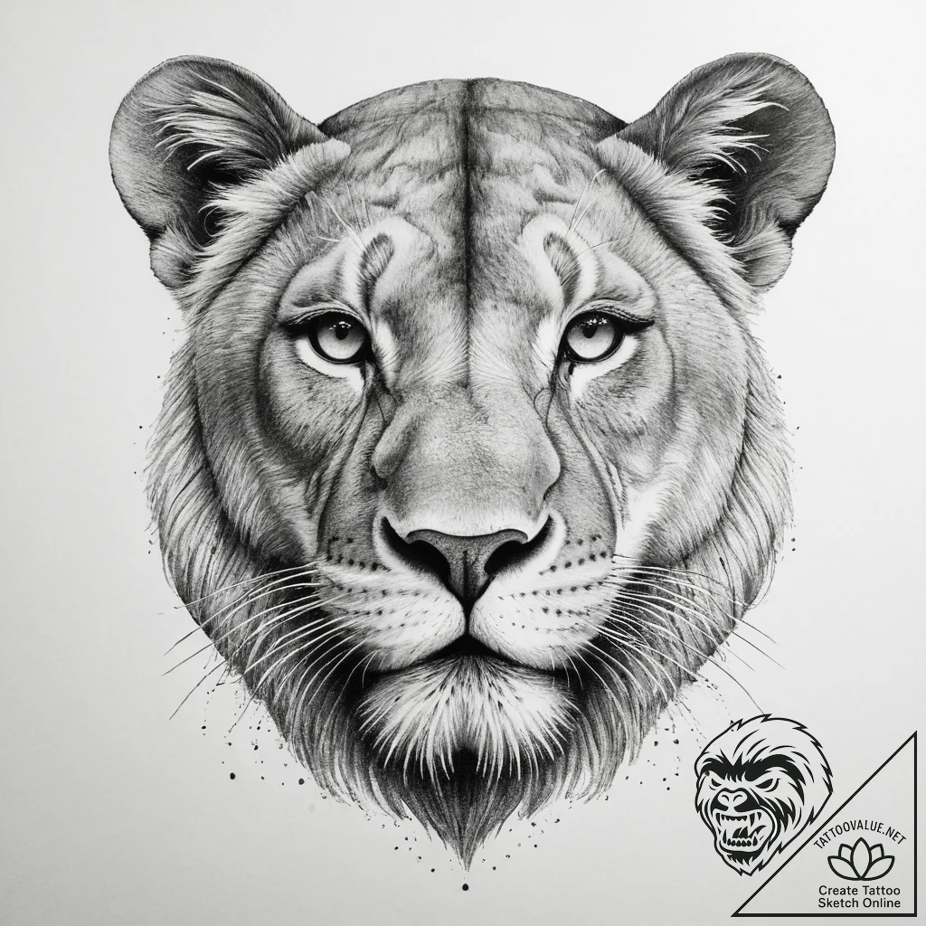 Tattoo sketch a powerful lioness face, serene... - tattoo sketch (№1755782911_0, 21.08.2025 13:28) — tattoovalue.net