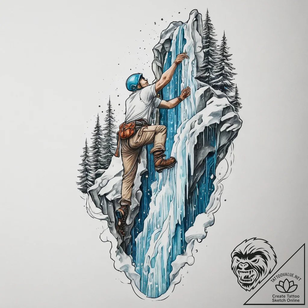A person ice climbing up a frozen waterfall.,... - tattoo sketch (№1755783503_0, 21.08.2025 13:38) — tattoovalue.net