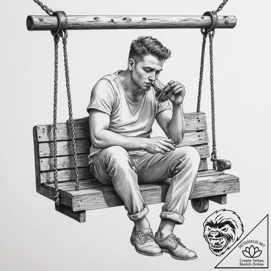 A person playing a harmonica on a porch swing... - tattoo sketch (№1755785670_0, 21.08.2025 14:14) — tattoovalue.net