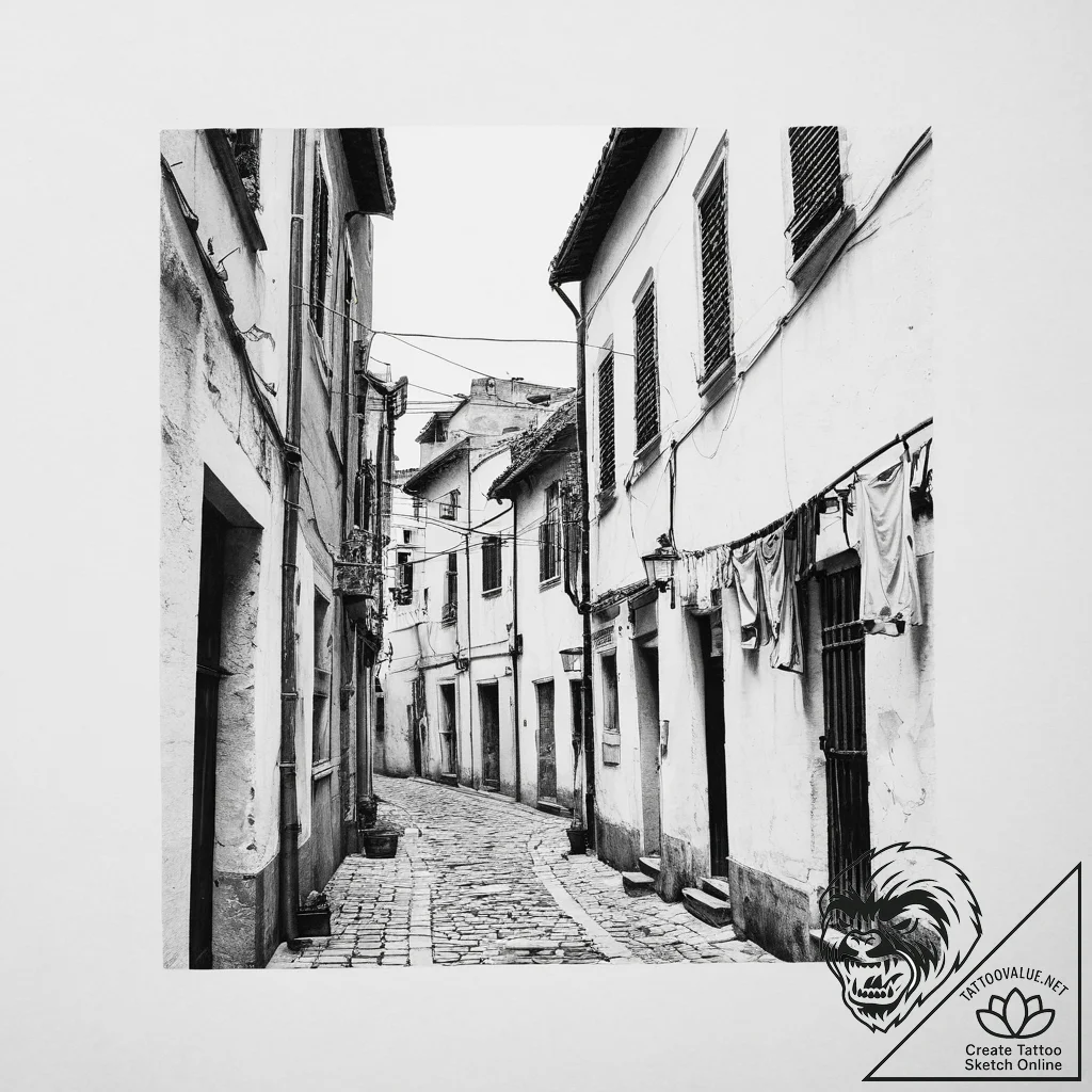 A quiet, forgotten alleyway in naples, italy,... - tattoo sketch (№1755791863_0, 21.08.2025 15:57) — tattoovalue.net