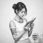 A young woman reading a book on a crowded tok… – tattoo sketch (№1755794466_0, 21.08.2025 16:41) — tattoovalue.net