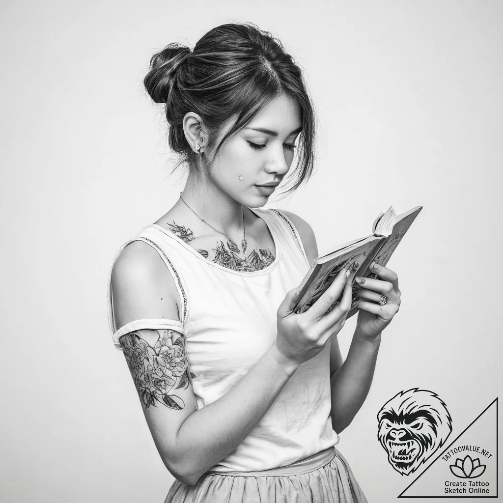 A young woman reading a book on a crowded tok... - tattoo sketch (№1755794466_0, 21.08.2025 16:41) — tattoovalue.net