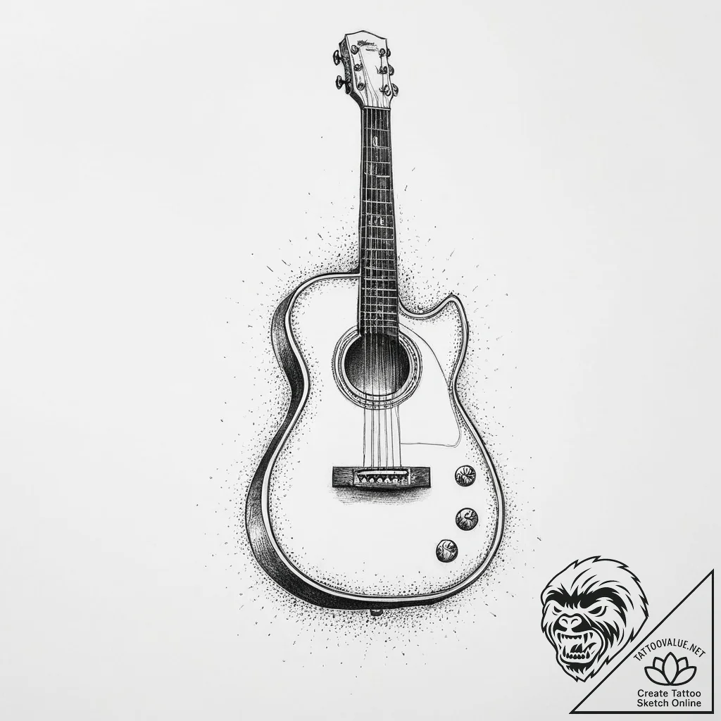 Guitar, tattoo line art, on a clean white pap... - tattoo sketch (№1755796654_0, 21.08.2025 17:17) — tattoovalue.net