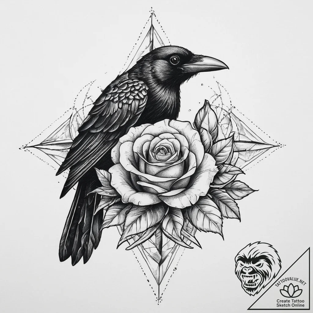 Tattoo sketch goth crow with a rose, tattoo f... - tattoo sketch (№1755801051_0, 21.08.2025 18:30) — tattoovalue.net
