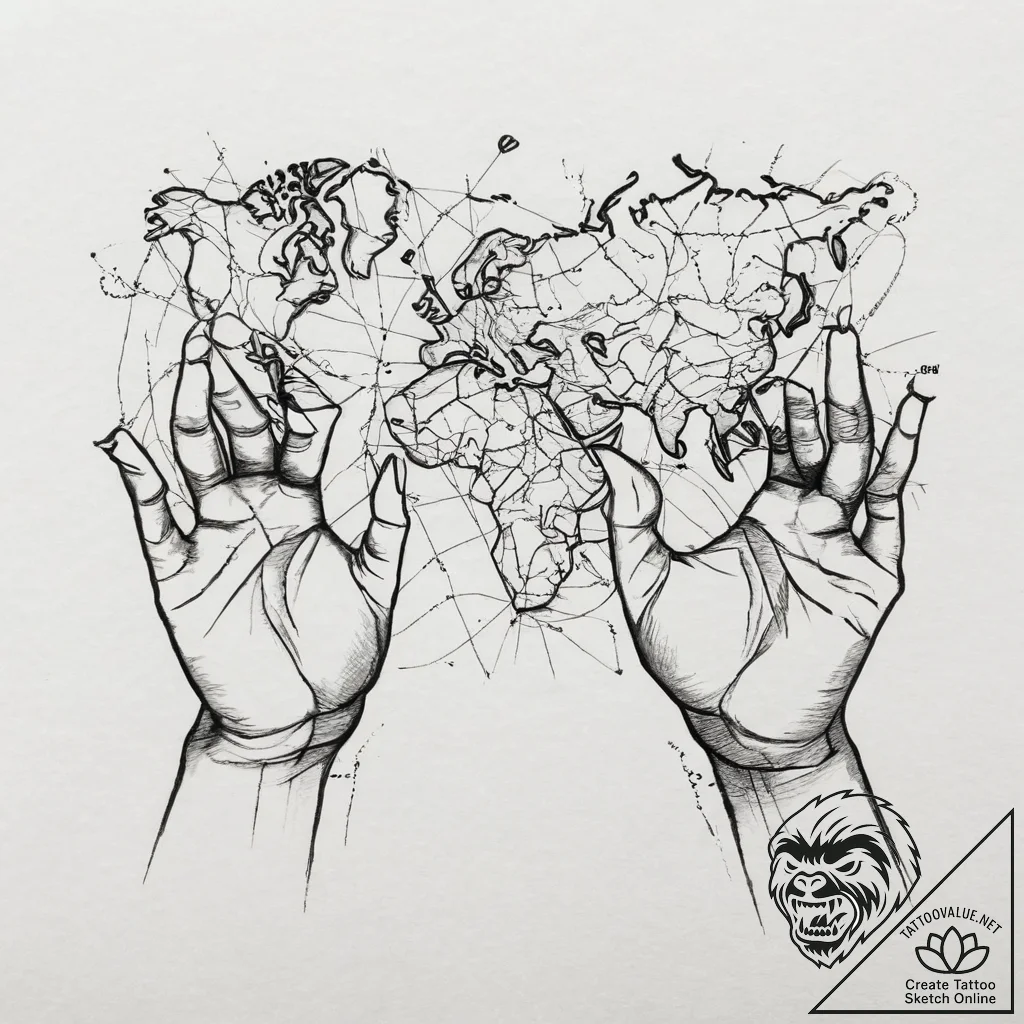 Tattoo sketch hands with a map, tattoo flash... - tattoo sketch (№1755805036_0, 21.08.2025 19:37) — tattoovalue.net