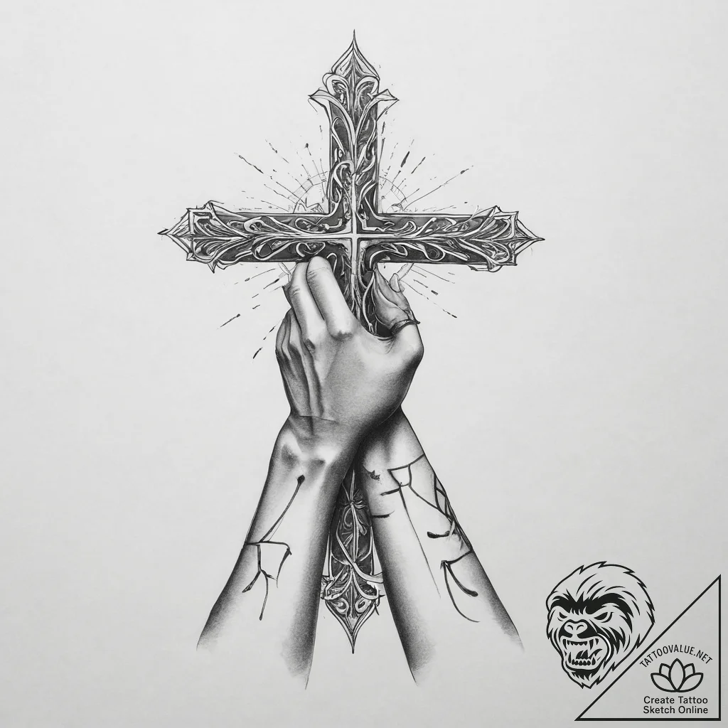 Tattoo sketch hands with a cross - tattoo sketch (№1755807242_0, 21.08.2025 20:14) — tattoovalue.net