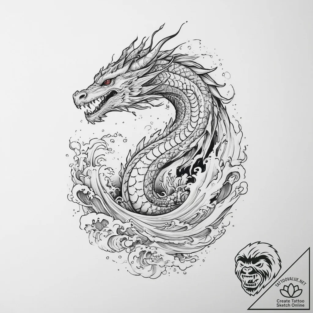 Tattoo sketch water dragon wave, tattoo flash... - tattoo sketch (№1755807643_0, 21.08.2025 20:20) — tattoovalue.net