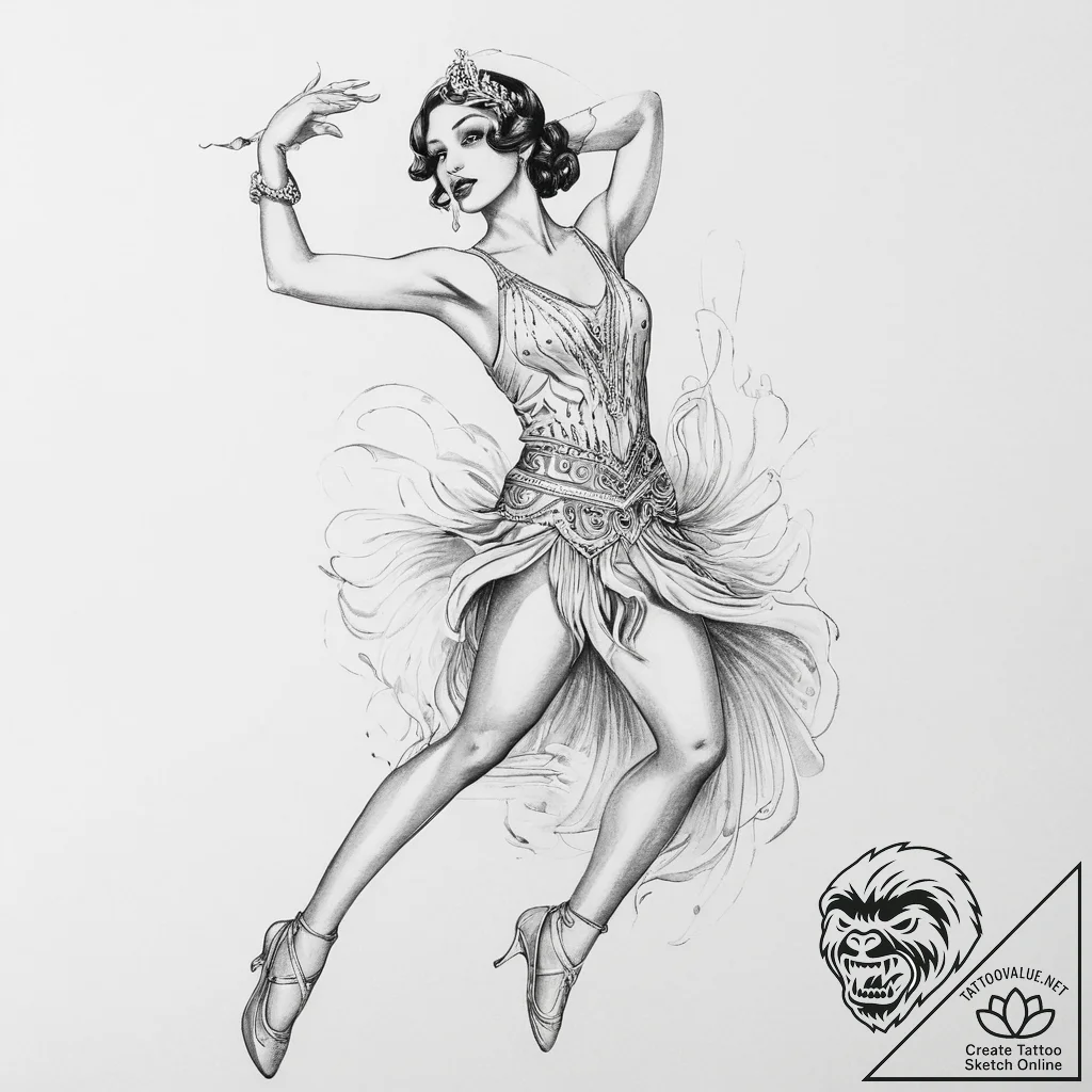 Tattoo sketch roaring twenties with a dancer - tattoo sketch (№1755809252_0, 21.08.2025 20:47) — tattoovalue.net