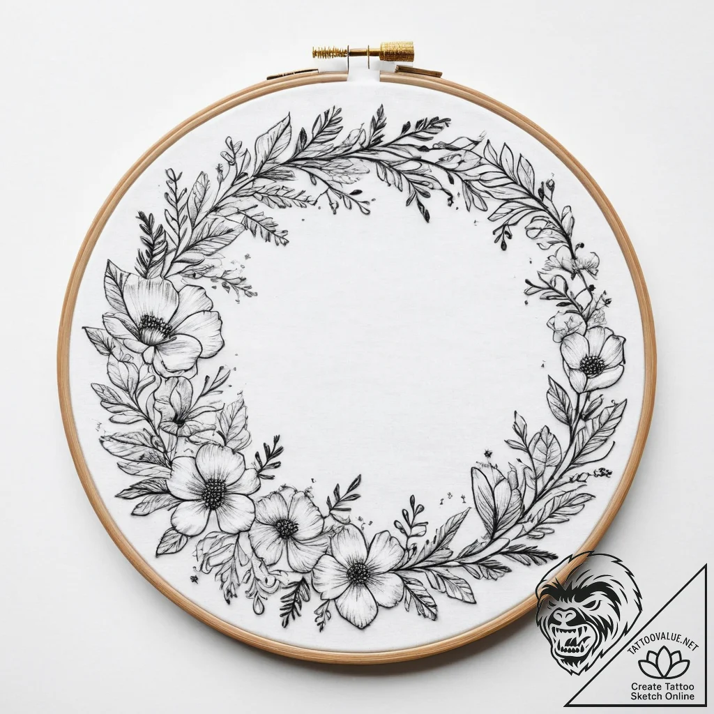 Tattoo sketch embroidery hoop with a floral d... - tattoo sketch (№1755809648_0, 21.08.2025 20:54) — tattoovalue.net