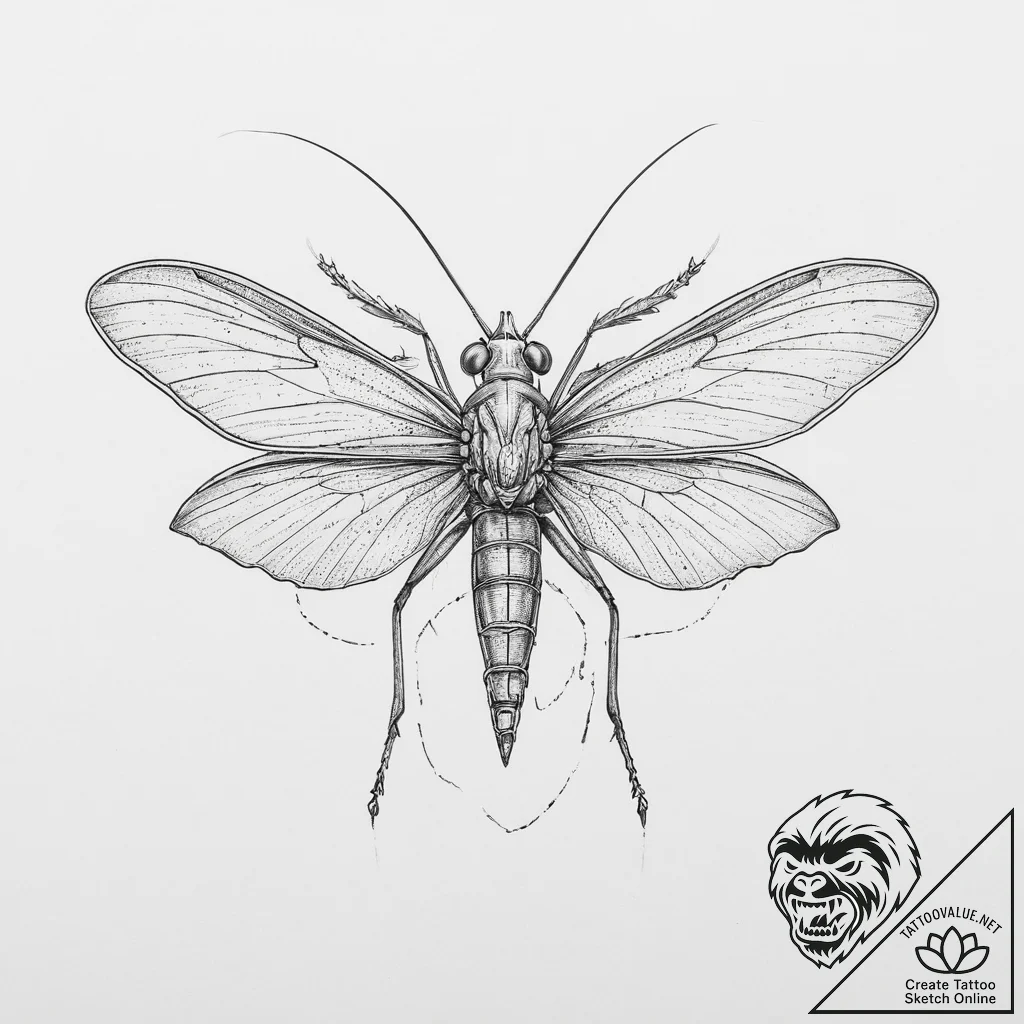 Tattoo sketch broad-winged katydid, tattoo li... - tattoo sketch (№1755819672_0, 21.08.2025 23:41) — tattoovalue.net