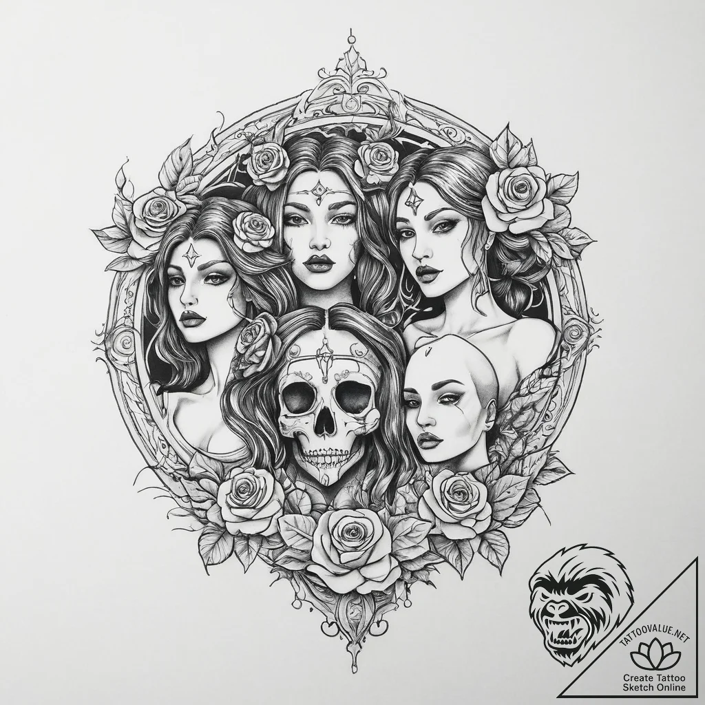 Tattoo sketch triple goddess and maiden, tatt... - tattoo sketch (№1755823889_0, 22.08.2025 00:51) — tattoovalue.net