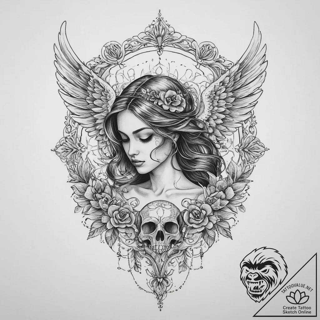 Tattoo sketch angel with a skull, tattoo draw... - tattoo sketch (№1755825892_0, 22.08.2025 01:24) — tattoovalue.net