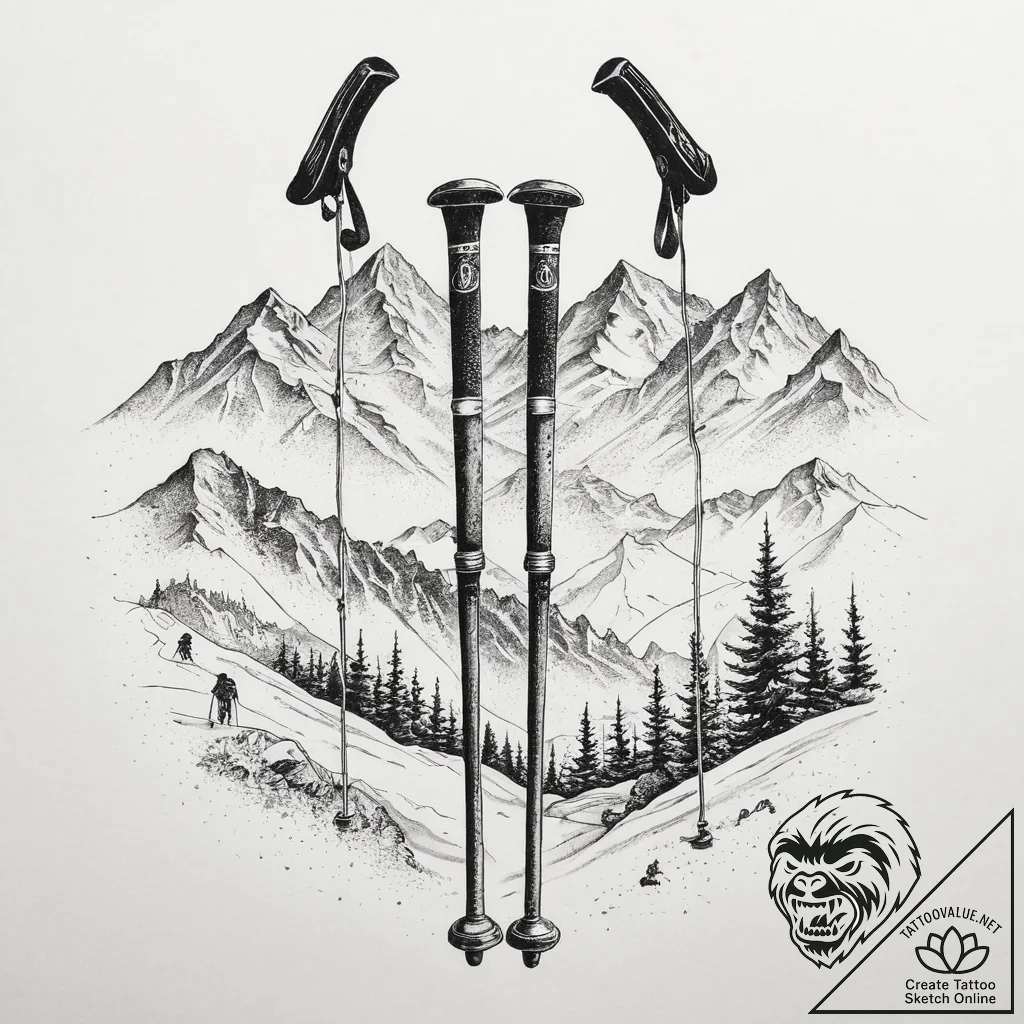 Tattoo sketch skiing ski poles and snow-cover... - tattoo sketch (№1755828103_0, 22.08.2025 02:01) — tattoovalue.net