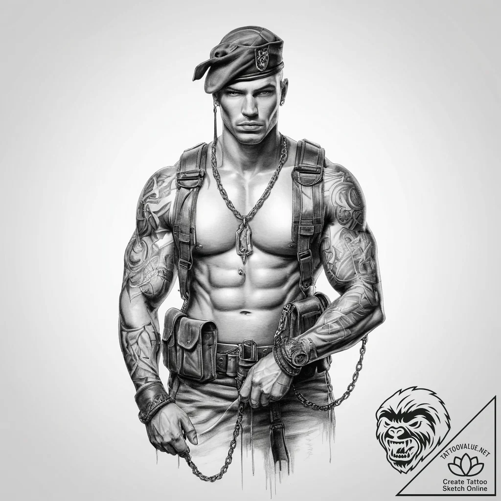 Tattoo sketch soldier with a chain - tattoo sketch (№1755829515_0, 22.08.2025 02:25) — tattoovalue.net