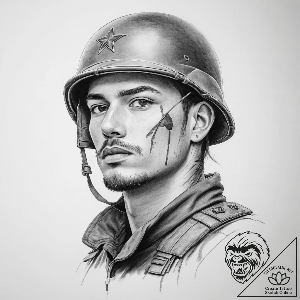 Tattoo sketch soldier with a pencil - tattoo sketch (№1755831521_0, 22.08.2025 02:58) — tattoovalue.net