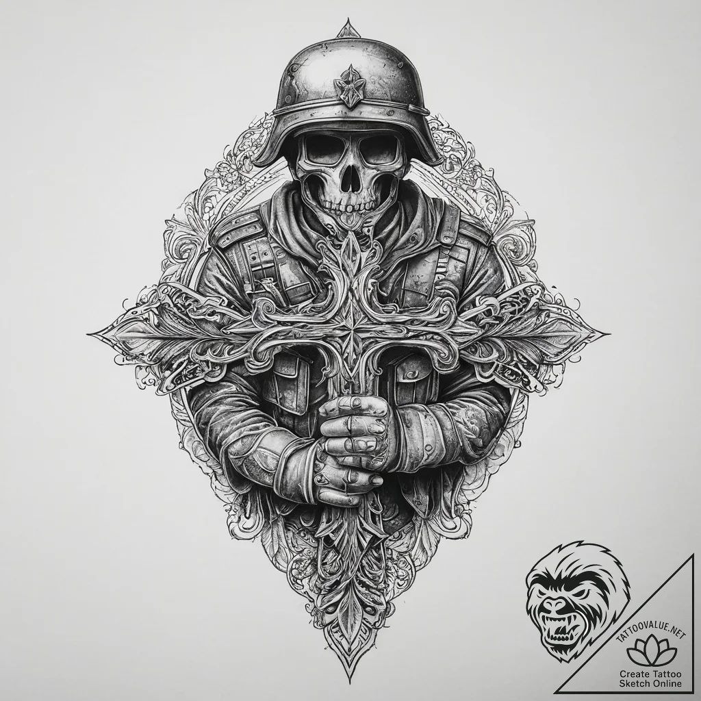 Tattoo sketch soldier with a document, concep... - tattoo sketch (№1755832920_0, 22.08.2025 03:22) — tattoovalue.net