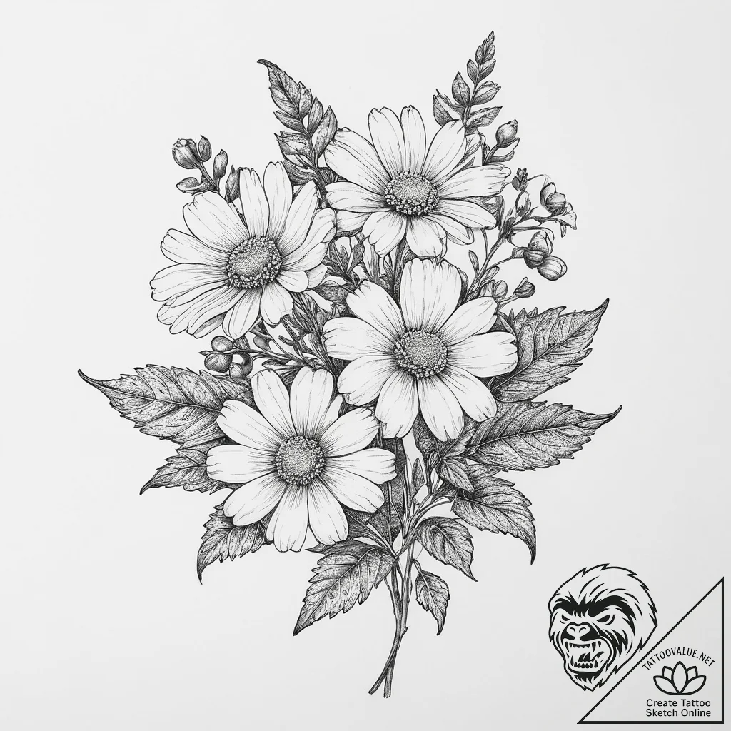 Tattoo sketch feverfew flowers - tattoo sketch (№1755836140_0, 22.08.2025 04:15) — tattoovalue.net