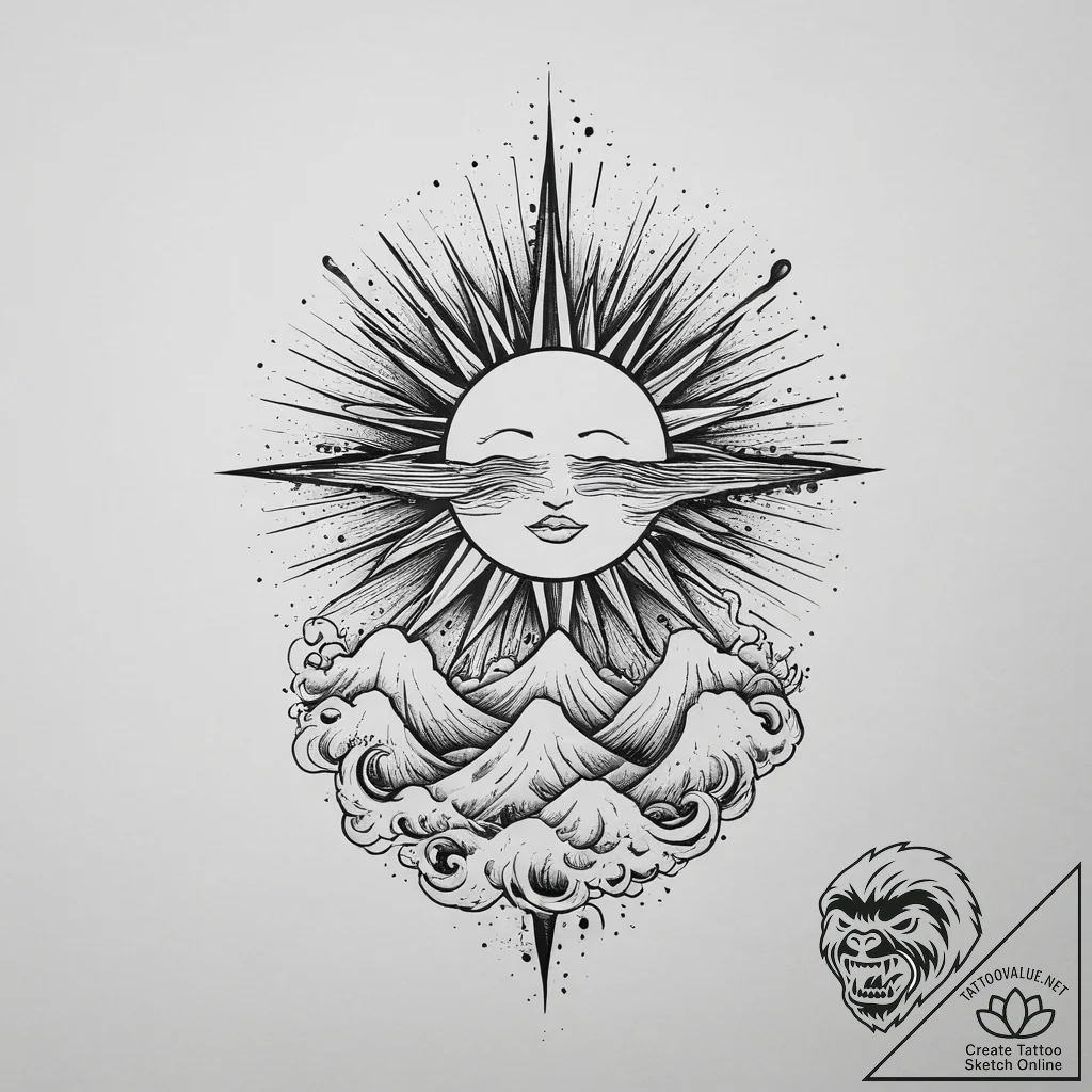 Tattoo sketch wave with a sun, artistic tatto... - tattoo sketch (№1755836733_0, 22.08.2025 04:25) — tattoovalue.net