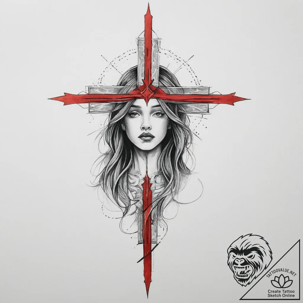 Tattoo sketch girl with a cross, tattoo sketc... - tattoo sketch (№1755843855_0, 22.08.2025 06:24) — tattoovalue.net