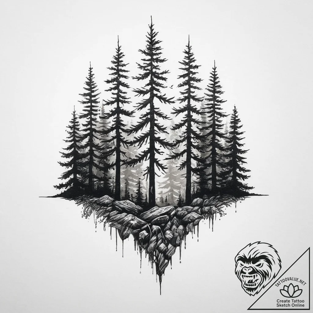 Tattoo sketch a forest silhouette, ink illust... - tattoo sketch (№1755845238_0, 22.08.2025 06:47) — tattoovalue.net