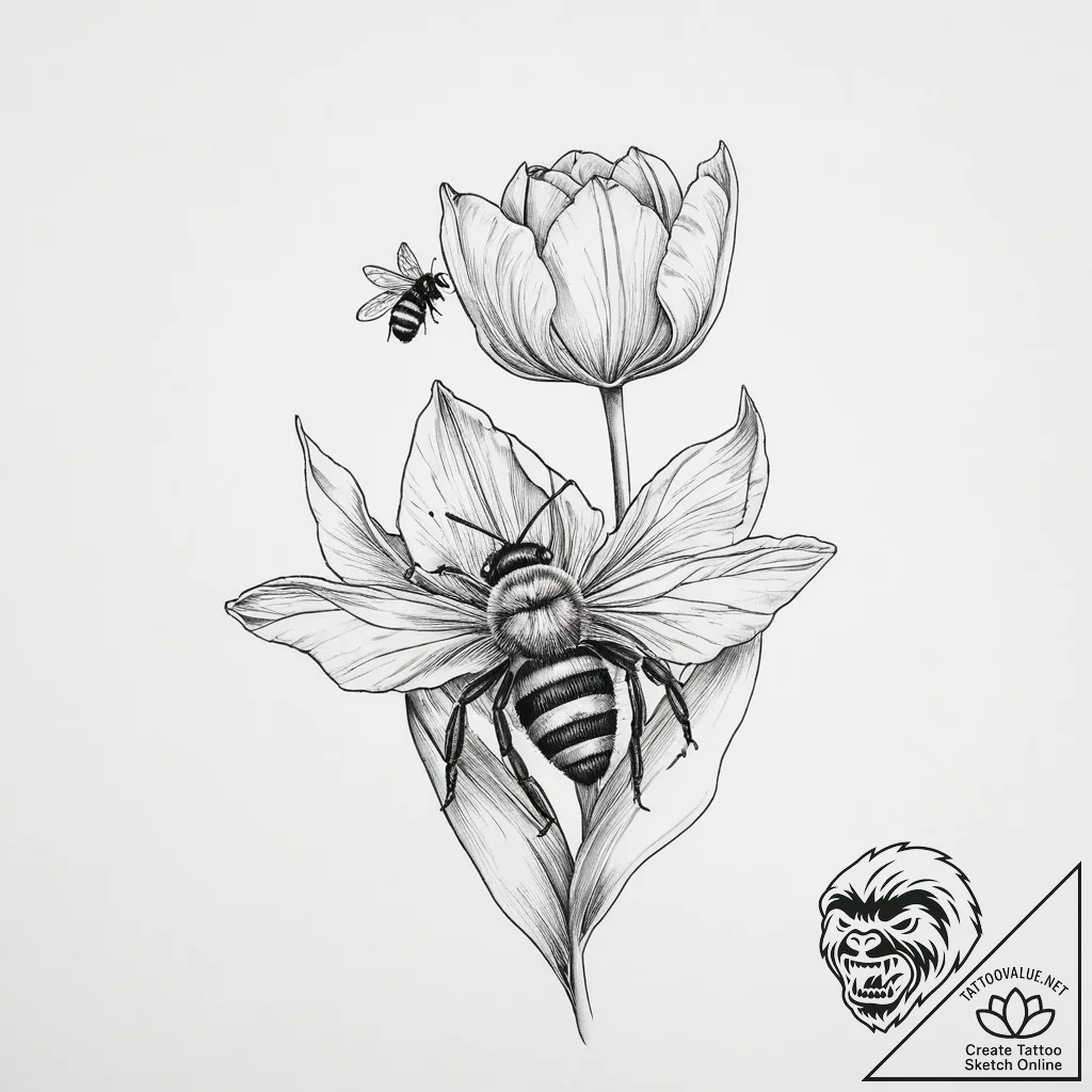 Tattoo sketch tulip with a bee - tattoo sketch (№1755847831_0, 22.08.2025 07:30) — tattoovalue.net