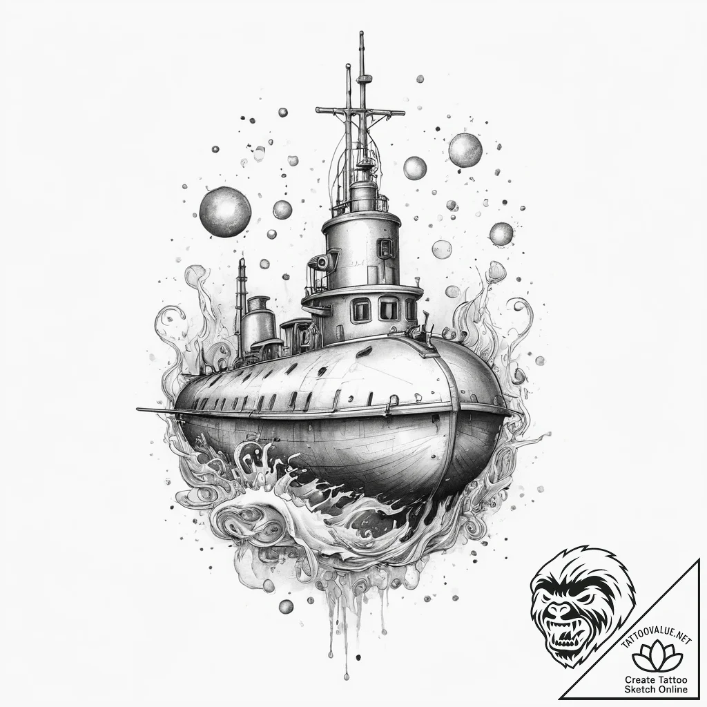Tattoo sketch ocean exploration with a submar... - tattoo sketch (№1755848632_0, 22.08.2025 07:43) — tattoovalue.net