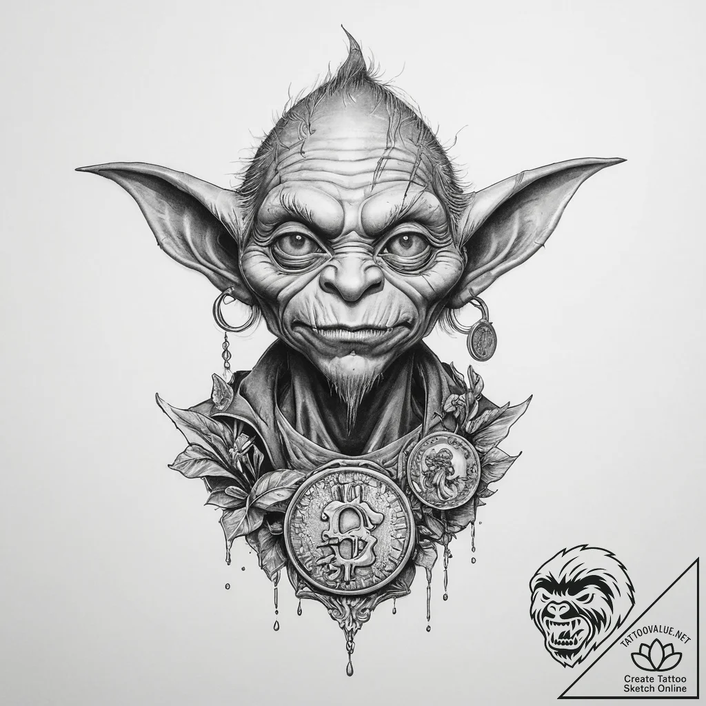 Tattoo sketch goblin with a gold coin - tattoo sketch (№1755855245_0, 22.08.2025 09:34) — tattoovalue.net